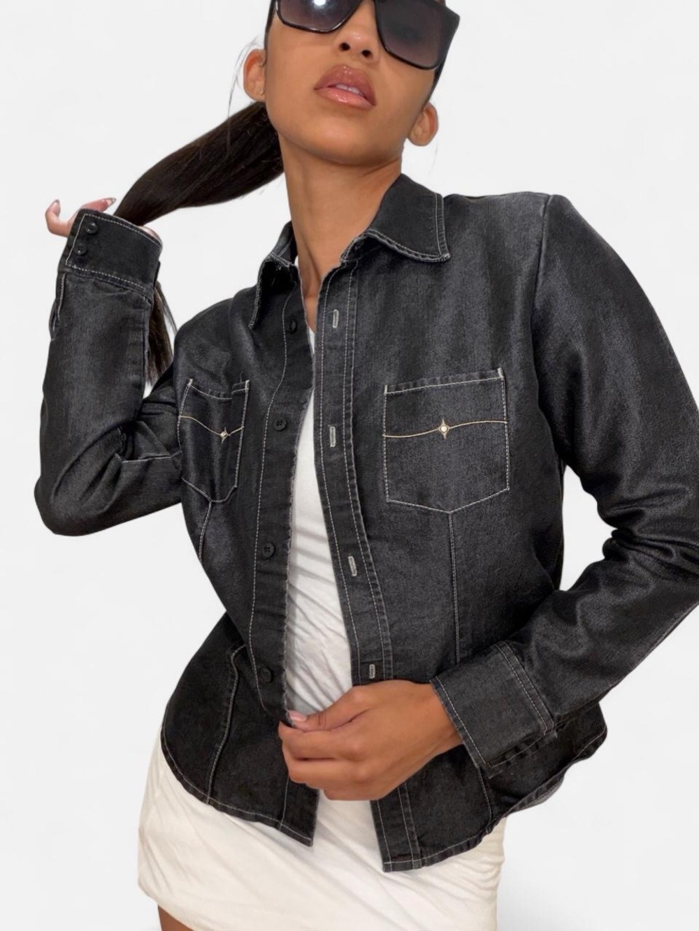 Women's Black Denim Button-Front Jacket